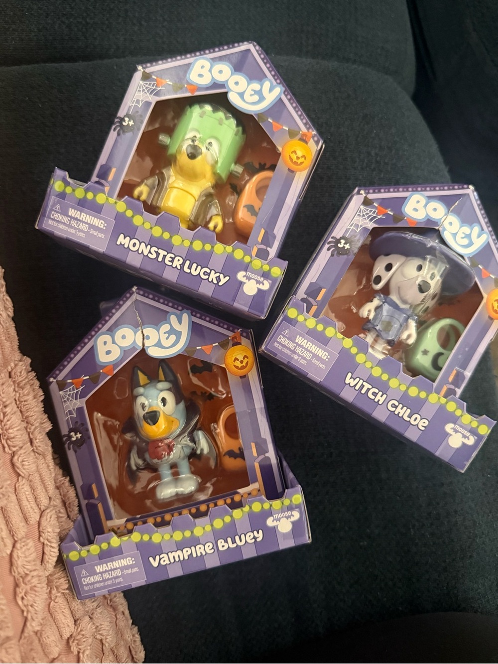 Booey Trio: Witch Chloe (Purple), Monster Lucky (Green) & Vampire Bluey